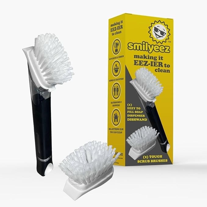 The Original Smiling Handle with Soap Dispensing for Scrub Daddy Sponges & Scrub Moji Sponges with Smilyeez Smile Caddy & Dishwand with 2 Scrub Brushes (Black)
