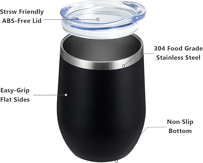 MEWAY 12oz/4 Pack Wine Tumbler Glasses with Lid - Stemless Double Wall Vacuum Stainless Steel Travel Tumbler - Keeping Cold & Hot for Wine,Coffee,Cocktails,Drinks-Family and Gifts (Black,Set of 4)