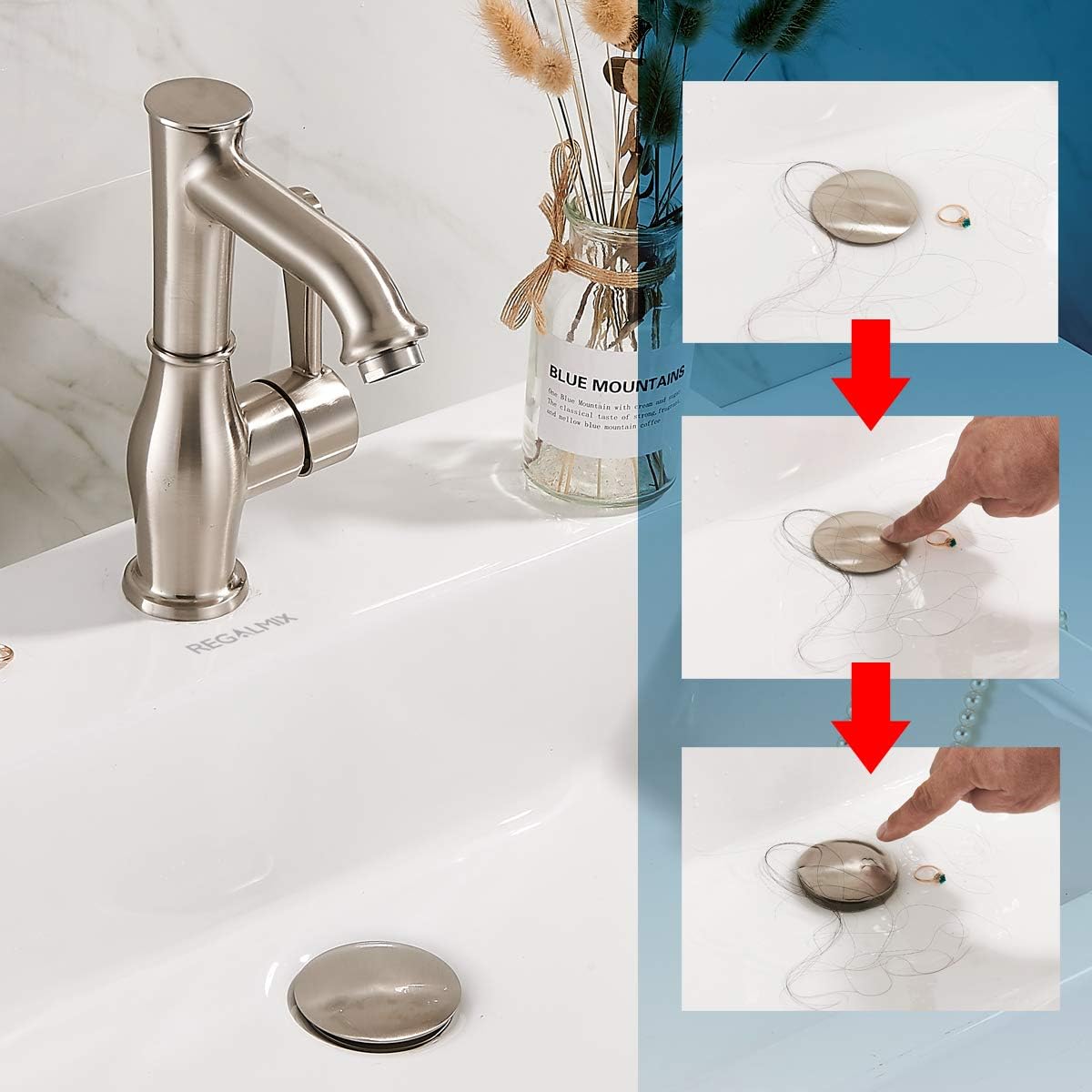 Bathroom Sink Drain, Vessel Sink Pop Up Drain,Built-in Anti-Clogging Strainer, Sink Drain Assembly Without Overflow Brushed Nickel,(1-1/2" to 1-3/4") RWF082B