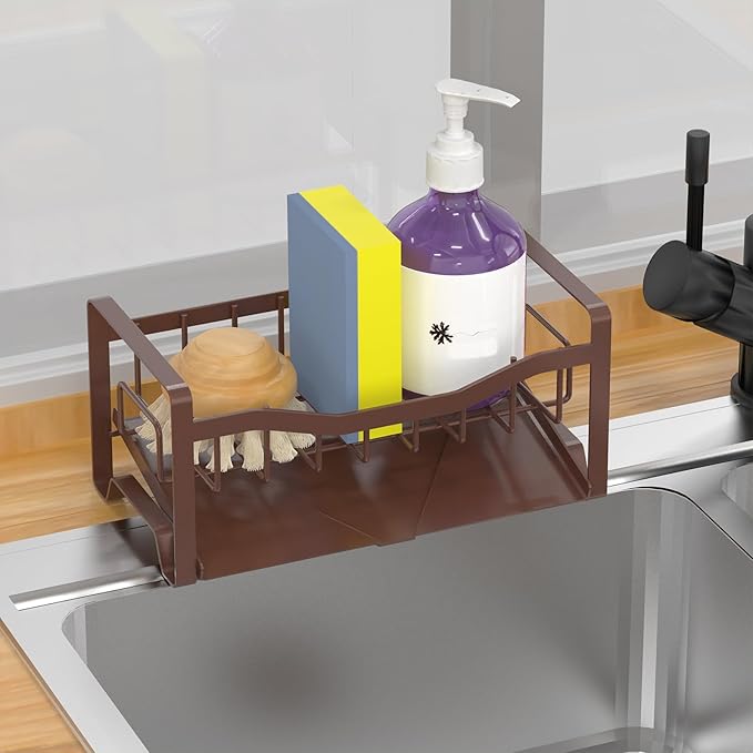 Maifan Kitchen Sink Caddy Organizer Sponge Holder for Kitchen Sink with Stainless Steel Auto Drain Tray, Self Drain Dish Soap Sponge Caddy Rack for Countertop Storage Gadgets Accessories