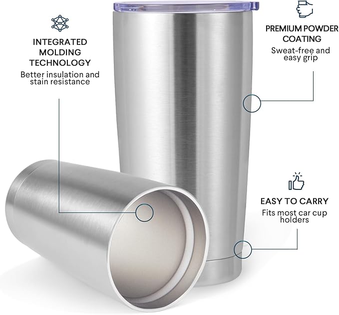 Volhoply 20oz Stainless Steel Tumbler with Lid and Straw Bulk 4 Pack,Double Wall Insulated Travel Iced Coffee Mug Fits Cup Holder,Powder Coated Cups for Hot/Cold Drinks,Christmas Gifts（Silver,4 Set）