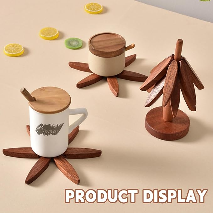 Natural Foldable Black Walnut Wooden Trivet Set - 4 Trivets + 1 Stand for Hot Dishes, Pot, Bowl, Teapot, Hot Pot Holders (Black Walnut 2PCS)
