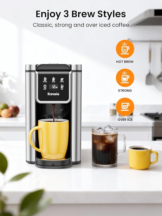K Cup Coffee Maker, Hot & Iced Coffee Maker for K Cup and Grounds, 6-14 Oz Brew Sizes, 50oz Removable Tank, Single Cup Coffee Maker with Descaling Reminder, Stainless Steel, Black