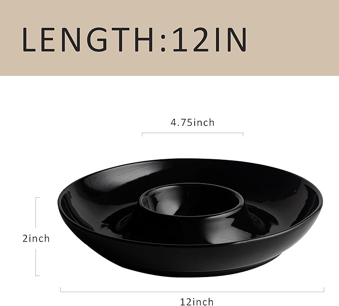 LEHAHA Porcelain Chip and Dip tray, set of 2, Ceramic Divided Serving Tray for Parties, Round Dip Platter and Salsa bowl Perfect for chips, salsa, candy, olives, nuts, fruit and veggies, Bright Black
