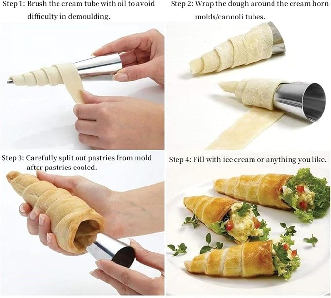 33 Pack Cannoli Forms Tube Set, 10 Cannoli Forms, 10 Large Hones Form Mould 10 Small Croissant Moulds, Brush, Reusable Icing Bag and Long Frosting Tip for Puff Pastry