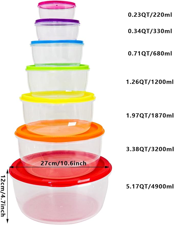 7Pcs Round Mixing Bowl Set Salad Bowl with Airtight Lids Plastic Nesting Mixing Bowl Set for Packing and Serving Christmas Salads Candies Cookies, Microwave Safe