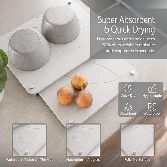Nested Dish Drying Stone Mat with Bamboo Rack | 2 Pcs Diatomaceous Earth Stone Drying Mats for Kitchen Counter with Non-Slip Feet | Collapsible Large Drying Stone for Dishes (White)