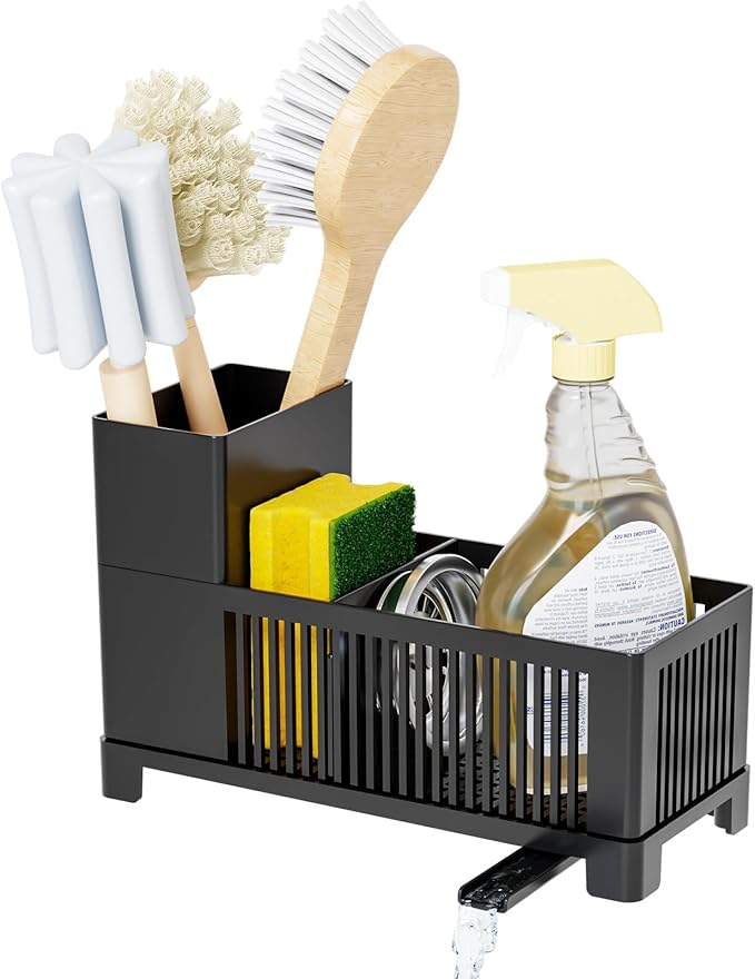 Sink Caddy & Kitchen Sink Organizer,Black Sponge Holder with High Scrub Brush Holder,Plastic Kitchen Countertop Organizer,Multifunctional Sponge Drain Rack,Dish Soap,Dish Sponge Holder,Soap Dispenser