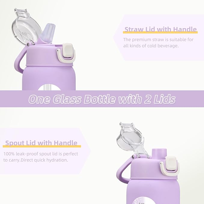 chunmo 32 oz Glass Water Bottle with 2 Lids-Handle Spout Lid & Straw Lid, 1 Liter Motivational Borosilicate Water Bottle with Time Marker and Silicone Sleeve,Leakproof-Purple-1 Pack