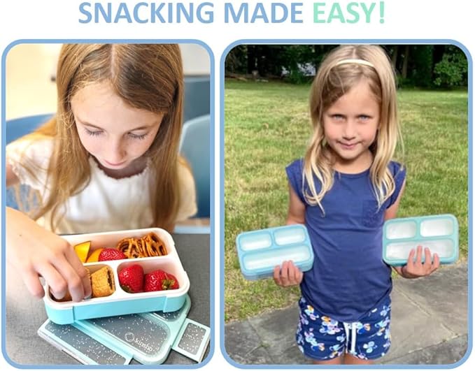 Small Snack Containers for Kids Toddlers - 3 Compartments (Set of 2) - Leak-Proof Reusable Boxes with Lids - BPA-Free Plastic Mini Bento Lunch Box - Holds 2 Cups Capacity (Pastel Blue+Teal Sparkle)
