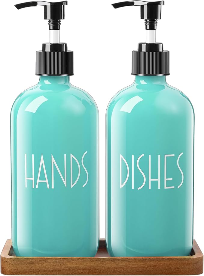 ALELION Turquoise Dish Soap Dispenser for Kitchen - 16 OZ Glass Hand Soap Dispenser Set with Pump and Acacia Wood Tray - Turquoise Kitchen Decor & Teal Kitchen Accessories