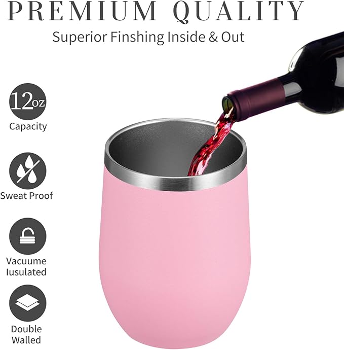 MEWAY 12oz/4 Pack Wine Tumbler Glasses with Lid - Stemless Double Wall Vacuum Stainless Steel Travel Tumbler - Keeping Cold & Hot for Wine,Coffee,Cocktails,Drinks-Family and Gifts (Pink,Set of 4)