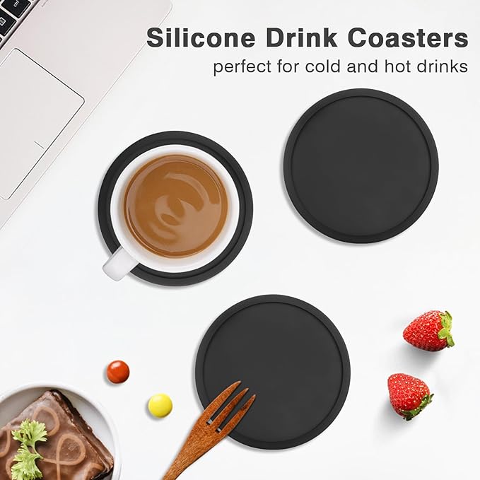 2 Pack Silicone Coasters for Drinks, Round Black Coaster with Deep Tray Grooved Design Cup Mat, Washable Heat Resistant Durable Non-Slip Coasters for Coffee Table Wooden Desk Kitchen Bar