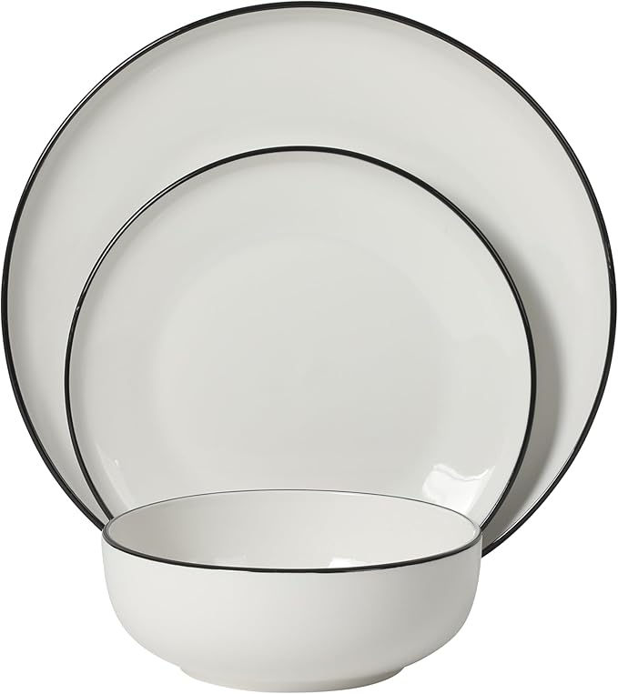 Gibson Home Havenstone 12-Piece Porcelain Dinnerware Set – Dinner Plates, Salad Plates & Bowls, Classic White With Black Rim Everyday Dish Set for Home, Kitchen, Microwave & Dishwasher Safe