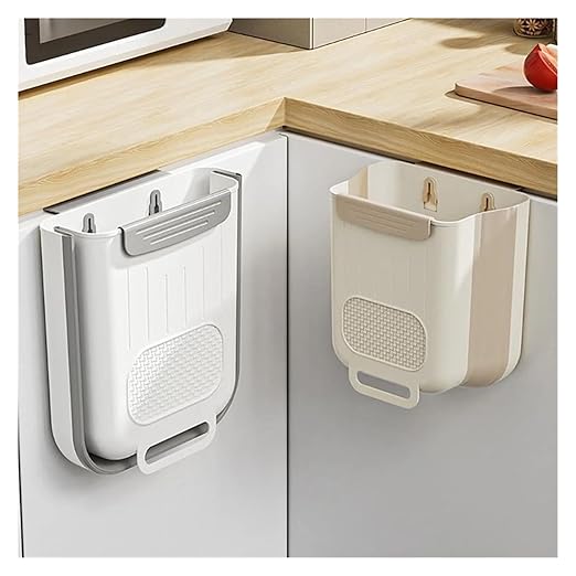 Collapsible Hanging Kitchen Trash Can Kitchen Waste Bin Hanging Countertop Trash Can Wall Mounted Recycling Garbage Basket for Bathroom(L,Milky White)