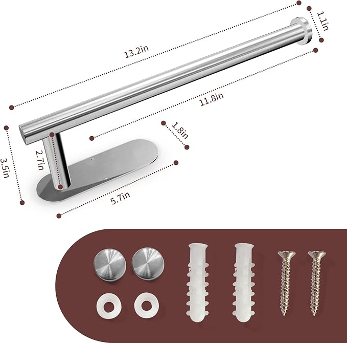 DEKAVA Paper Towel Holder Under Cabinet for Kitchen, Adhesive Paper Towel Holder Wall Mount, SUS304 Stainless Steel 13 inch(1,Silver)