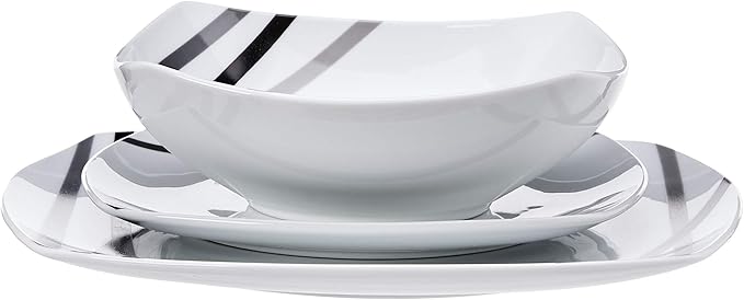 Amazon Basics 18 Piece Kitchen Dinnerware Set, Dishwasher and Microwave Safe, Square Plates, Bowls, Service for 6, Modern Beams