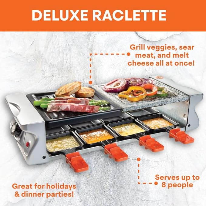 MasterChef Electric Raclette Table Grill w Non-Stick Grilling Plate & Cooking Stone- 8 Person Tabletop Cooker for Indoor, Smokeless, Korean BBQ - Melt Cheese, Cook Meat, Veggies, Appetizers-19" x 8"