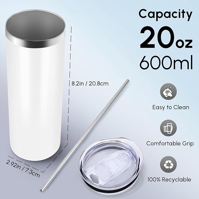 Volhoply 4 Pack Skinny Tumblers with Lid and Straw, 20oz Stainless Steel Straight Tumbler Bulk, Vacuum Insulated Coffee Mug for Home, Office, Travel, DIY (White,4 Pack)