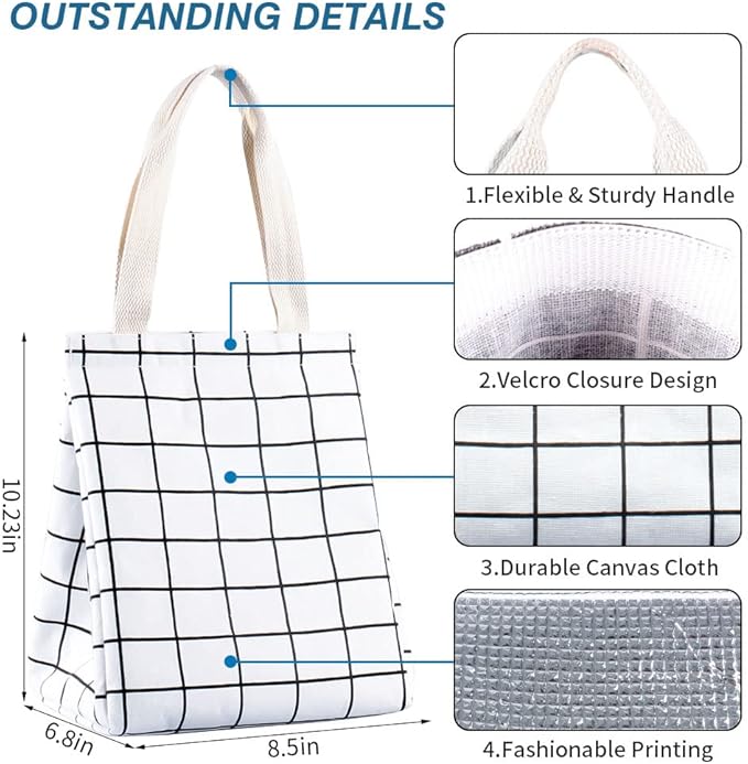 iknoe Insulated Lunch Bag for Women & Adults, 9L Foldable Wide-Open Cooler Bag with Pockets, Leakproof & Portable, for Picnic, Office, Beach(White grid)