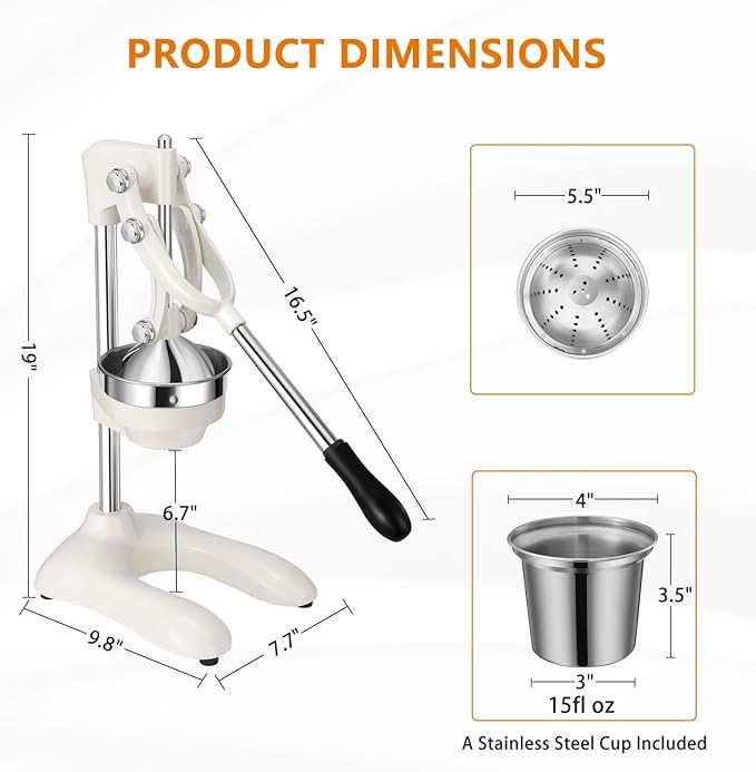 TONGCHANT Cast Iron Juicer, 19" Tall Heavy Duty Citrus Press with Dual Pattern | Manual Juicer for Orange Lemon Pomegranate, Easy to Clean, Stainless Steel Cup, White