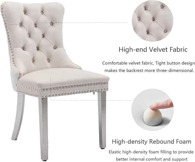 Velvet Dining Chairs Set of 2, Upholstered Dining Room Chairs with Back Ring Pull Trim and Sliver Stainless Steel Legs,Tufted Wingback Chair Perfect for Dining Room,Living Room,Kitchen(Beige)