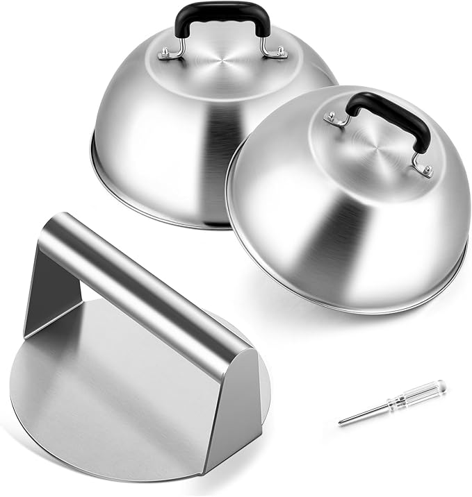 Joyfair 5.5” Smash Burger Press & 12” Cheese Melting Dome, Stainless Steel Hamburger Smasher & Large Basting Cover for Griddle, Non-Stick Grill Presses for Bacon, Meat, Patty, Flat Top Grilling Tools