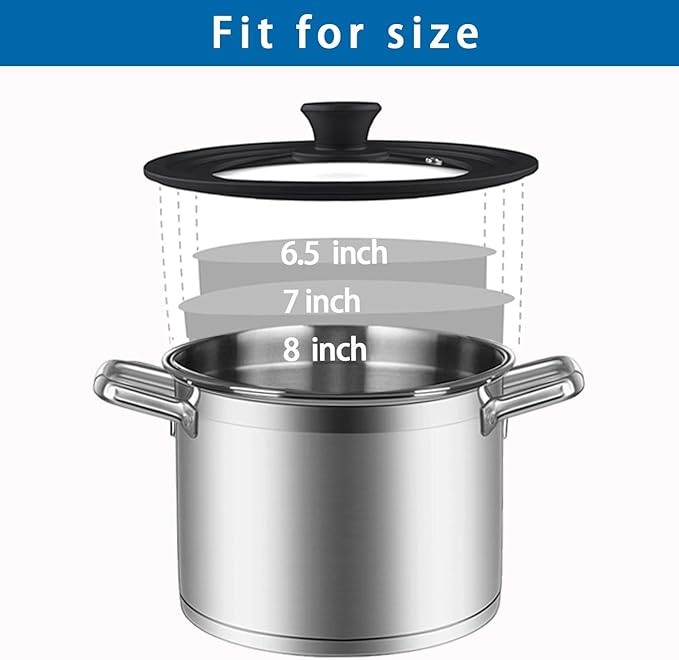 Universal Lid for Pots, Pans and Skillets - Tempered Glass with Heat Resistant Silicone Rim and Heat Resistant Handle Fits 6.5", 7" and 8" Diameter Cookware, Black