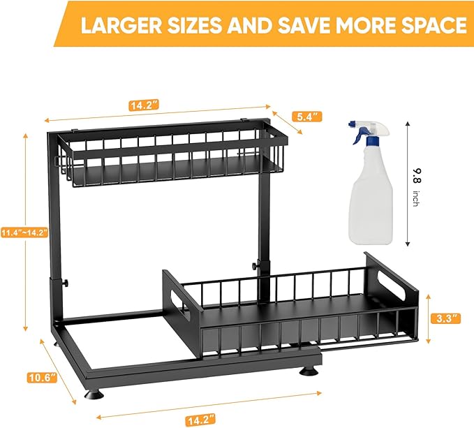 Saydear Under Sink Organizer Storage 2-Tier Premium Metal Pull-Out Kitchen Cabinet Organizer with Sliding Drawer, Height Adjustable, Heavy Duty for Kitchen & Bathroom Organizers 2 Pack Black