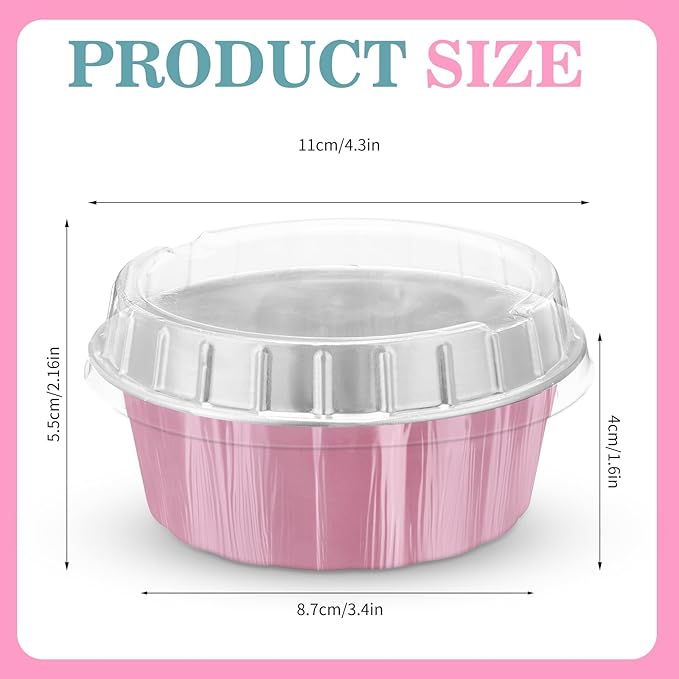 Tessco for you 100 Pcs Disposable Ramekins with Lids 8 oz Creme Brulee Ramekin Aluminum Foil Cup Cupcake Liner Baking Valentines Disposable Muffin Tin Pan Cheesecake Container (Pink,Silver)