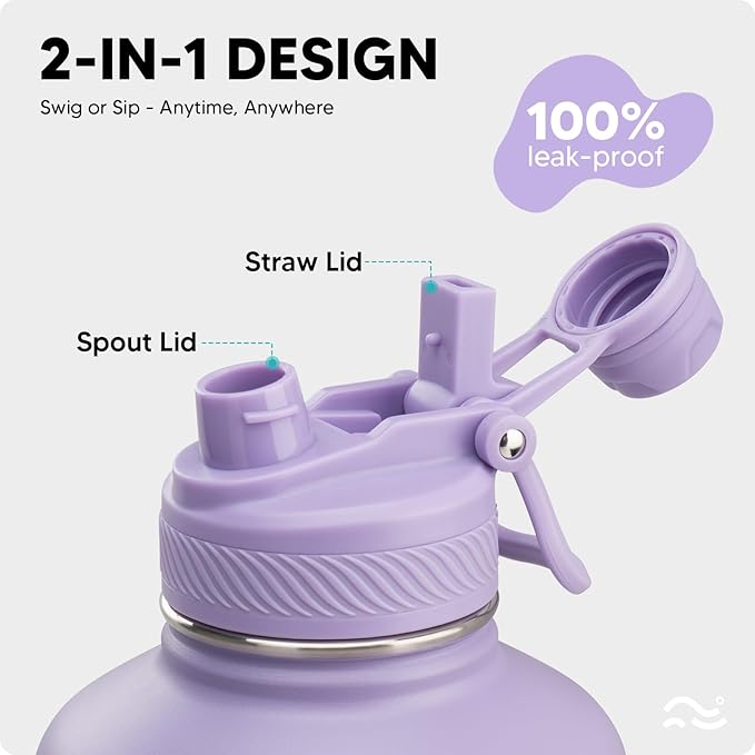 Swigina [2-IN-1 LID] 64 oz Insulated Water Bottle with Silicone Boot (48hrs Cold/24hrs Hot) - DIY Stickers, Leakproof, BPA Free, Half Gallon