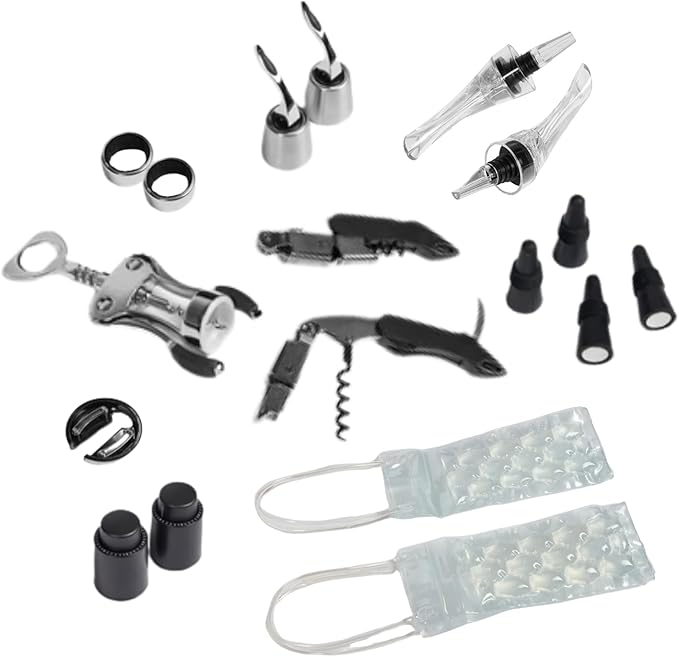 FlyWithWine® by VinGardeValise Wine Accessory Kit – 18 Piece Wine Gift Set with Corkscrew Opener, Aerator Pourers, Vacuum Stoppers, Wine Chiller Bags & Sommelier Tools for Home, Bar & Travel