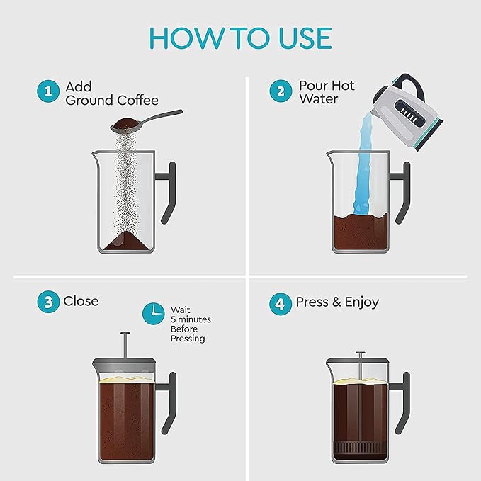 Belwares French Press Coffee Maker - 50oz 6-Cup Capacity, 304 Stainless Steel Coffee Press, Double Wall Insulation Heat Retention, 4-Level Filtration Smooth Ground-Free Coffee, 2 Extra Filters, Silver