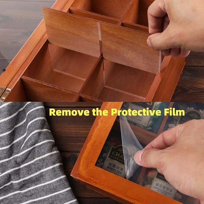 Tea Bag organizer Storage Box with Drawer Tea Organizers with Clear Acrylic Window Wooden Tea Box for Countertop with 8 Compartments Teabag Holder with 4 Cotton Woven Coasters（WBrown02）