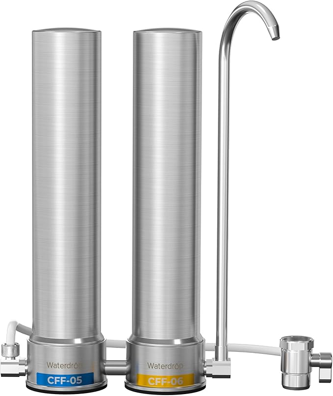 Waterdrop CTF-09 Dual-Stage Silver Ions Countertop Water Filter System, Reduce Chlorine, PFOA/PFOS, Bad Taste & Odor, Silver Ions Enhanced Filtration, Stainless Steel, 2 Filters