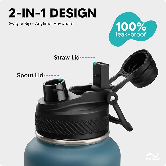 Swigina [2-IN-1 LID] Insulated Water Bottle with Silicone Boot (36hrs Cold/18hrs Hot) - DIY Stickers, Leakproof, BPA Free, 32 oz