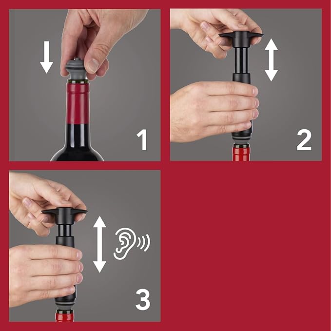 Vacu Vin Wine Saver Pump Gray with Vacuum Wine Stopper - Keep Your Wine Fresh for up to 10 Days - 1 Pump 6 Stoppers - Reusable - Made in the Netherlands