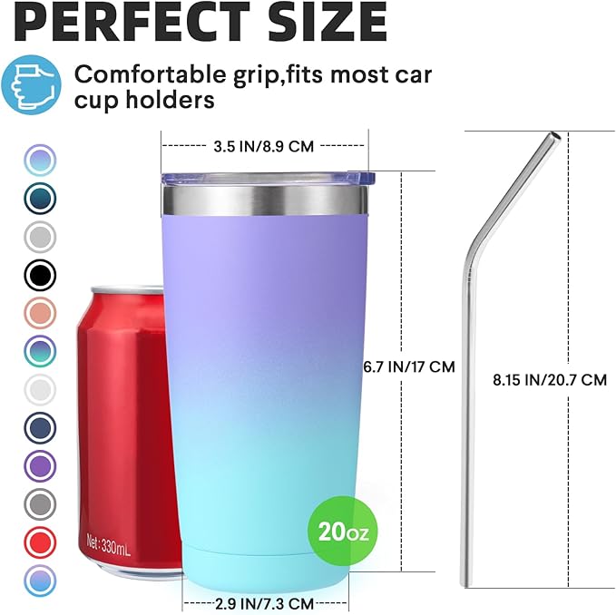 Volhoply 20oz Stainless Steel Tumbler with Lid and Straw Bulk 8 Pack,Double Wall Insulated Travel Iced Coffee Mug Fits Cup Holder,Powder Coated Cups for Cold Drinks,Christmas Gifts（Purple Bule,8 Set）