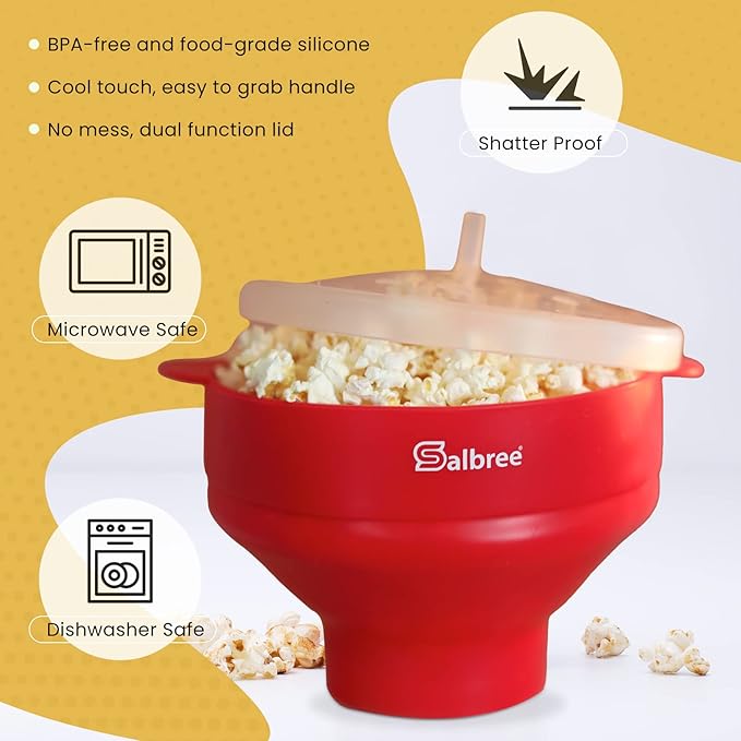 The Original Salbree Collapsible Silicone Microwave Popcorn Popper Maker Machine, Microwavable Bowl Holds 16 Cups, Uses Hot Air and Oil Always Optional - The Most Colors Available (Clear Red)