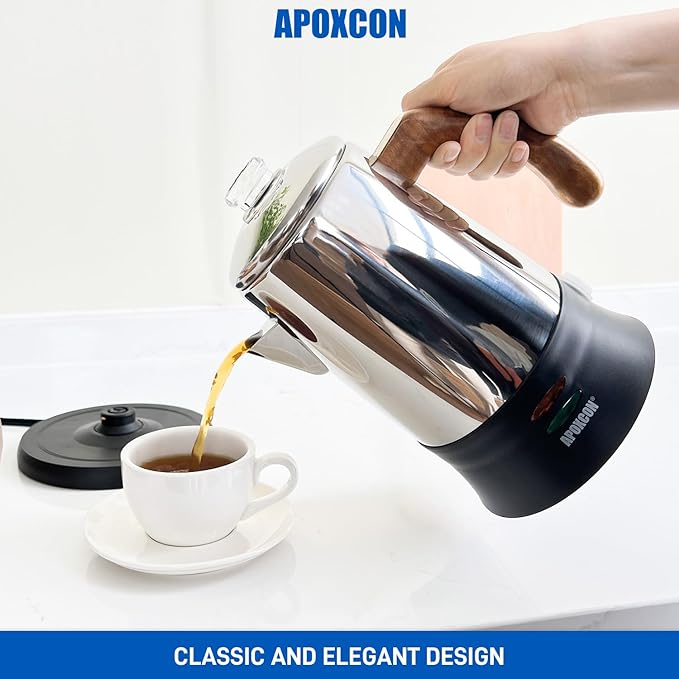 APOXCON Electric Coffee Percolator Stainless Steel Coffee Maker with Tough Glass Clear Brew Progress Knob & On/OFF Switch Keep Warm Cordless Serve for Home and Hotel Room Use Gift Box Packaging 6 Cup