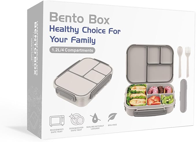 Amathley Lunch Box Kids,Bento Box Adult,Leakproof Lunch Containers for Adults/Kids/Toddler,1200ML-4 Compartments bento Lunch box with Utensil,Microwave & Dishwasher & Freezer Safe (White)