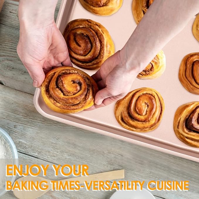 11" x 9" Baking Pans, Cookie Sheets Set of 2, Nonstick Toaster Oven Pan Set for Baking, Heavy Duty Carbon Steel Non-toxic Oven Replacement Cookie Tray for Kitchen Bakery, Gold