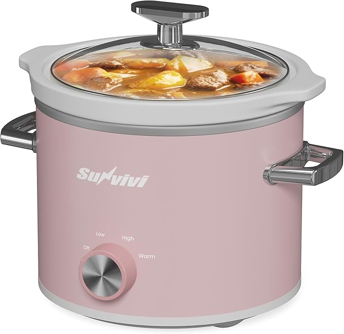SUNVIVIPRO Small Slow Cooker with Removable Ceramic Pot, Food Warmer with 3 Heating Settings & Dishwasher Safe Glass Lid, Pink