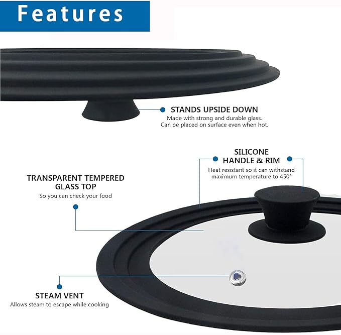 Universal Lids for Pots, Pans & Skillets - Fits 7", 8" & 9" Diameter, 10", 11" & 12" Diameter Cookware, Tempered Glass with High Heat Resistant Silicone Rim, Dishwasher Safe (2 Pack)