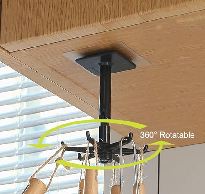 Kitchen Utensil Hanger with 6 Hooks, 2 Pack Under Cabinet Utensil Holder 360° Rotatable Kitchen Hooks Utensil Rack Space Saving No Drilling Nail Free Kitchen Utensil Organizer for Wall, Black