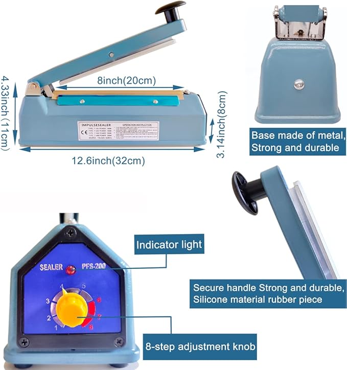 Impulse Heat Sealer 8 Inch 5mm Mylar Bag Sealer Heat Seal Machine, 110v Manual Heat Sealer for Plastic/Poly/Cookie Bags, 8 Replacement Parts & Teflon Cloth Strip(2 Round Cutter Lines Included)
