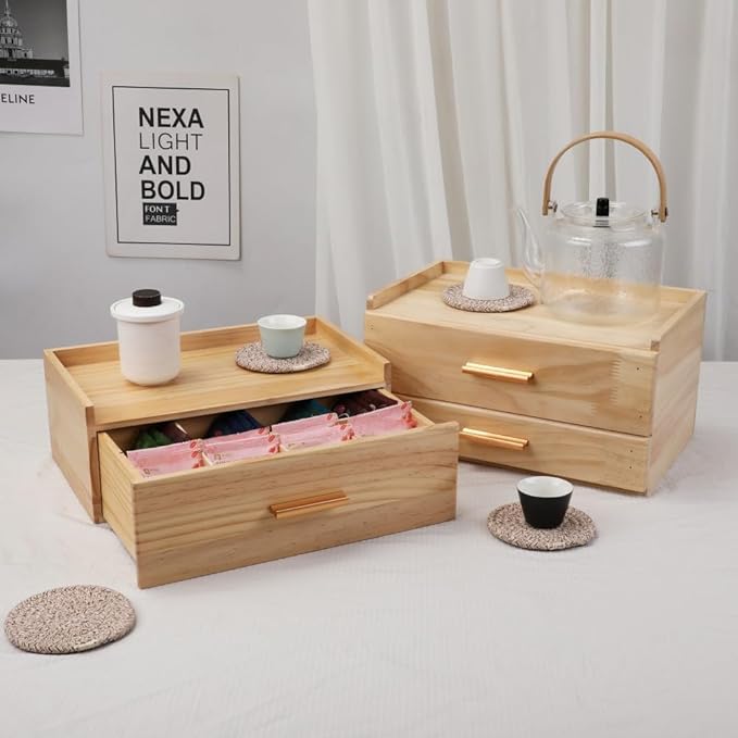 Tea Organizers and Storage Box with Drawer Tea Station organizer for Countertop with 8 Compartments Pine Wood Tea Bag Organizer with Drawer Teabag Holder with 4 Cotton Woven Coasters（Wood02）