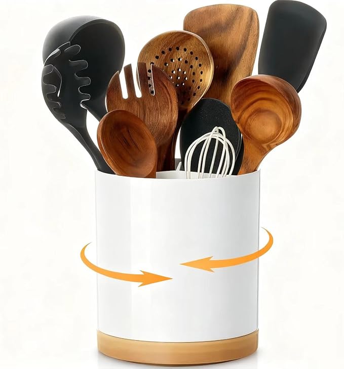 Extra Large Porcelain Like Kitchen Cooking Utensil Holder, 360° Rotating Utensil Crock, 7.2" Unbreakable for Countertop, for Farmhouse Kitchen Decor with Rotatable and Detachable Base
