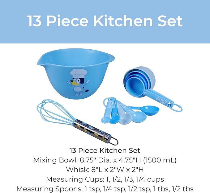 Handstand Kitchen Bluey My First Real Kitchen Tools Set with 1.5 Quart Mixing Bowl, Measuring Spoon Set, Measuring Cup Set and 8.5" Whisk