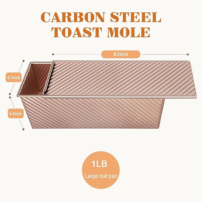 2Pack Bread Loaf Pan with Lids 1 LB Dough Capacity, Non-Stick Carbon Steel Pullman Loaf Pan for Homemade Sandwich and Sourdough Bread, Corrugated Toast Mold Gold